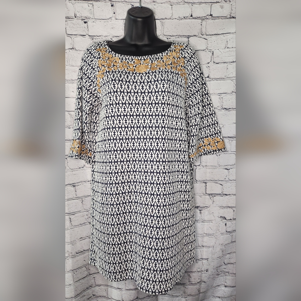 THML Embroidered Navy / White Geometric Knit Dress Size Medium